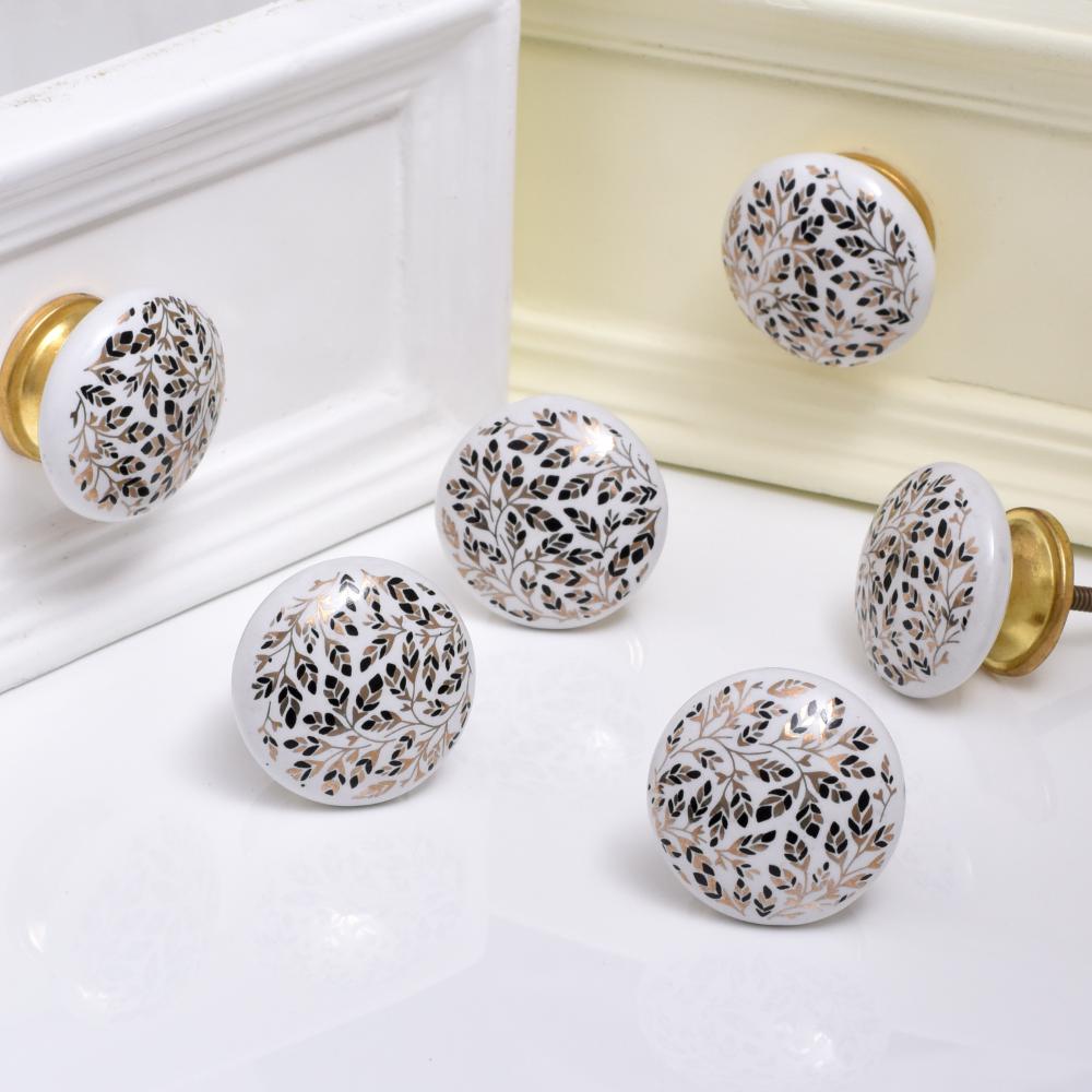Golden And Black Leaf Flat Ceramic Cabinet Knobs - Pack of 6